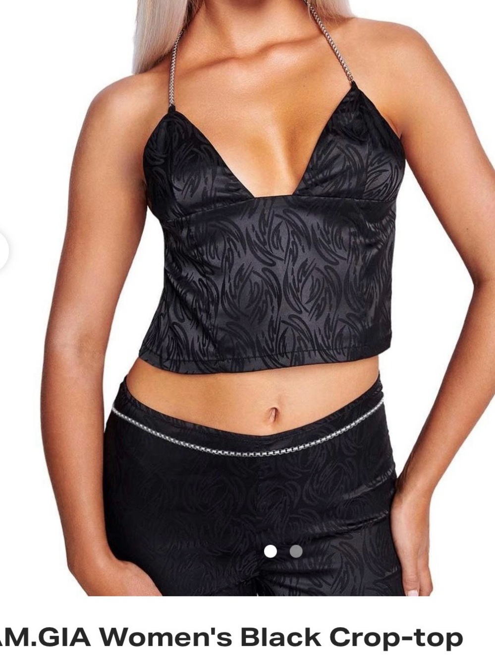 I.AM.GIA Black Satin Jacquard Chain-Halter Crop Top